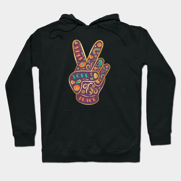 Golden Free Love Vintage Mystic Icon Peace Hand Sign Hoodie by LittleBunnySunshine